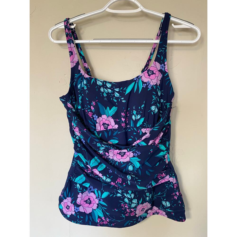Lands End Navy Floral Ruched Tank Adjustable Strap Swim Tank 10
